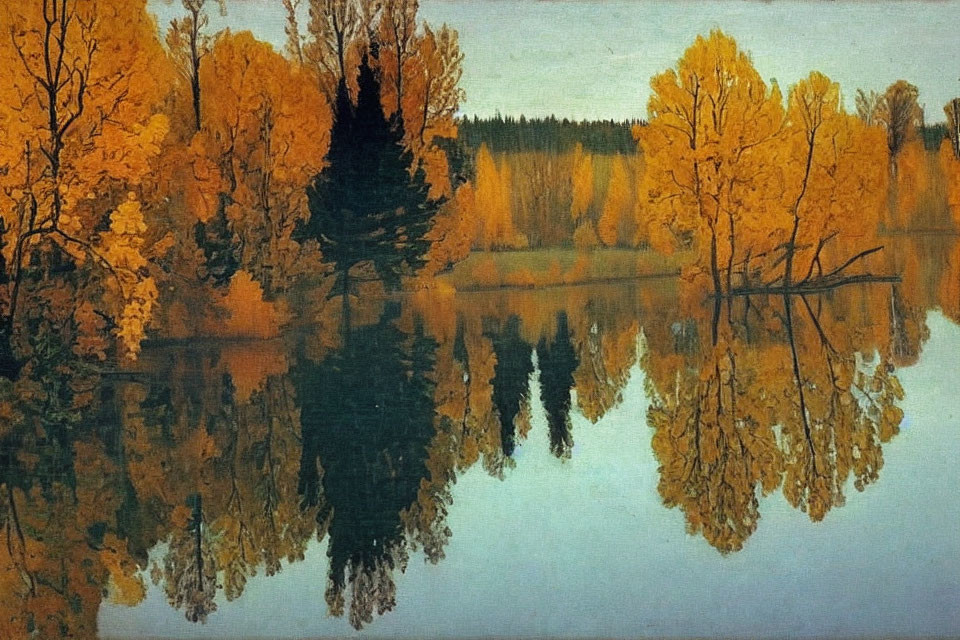 Autumn trees with golden foliage reflecting in a calm lake under a clear sky.