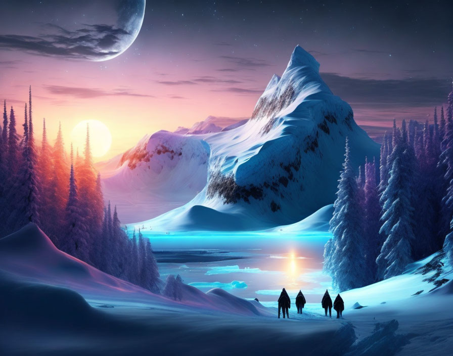 Snowy Twilight Scene: Silhouetted Figures, Mountains, Frozen Lake