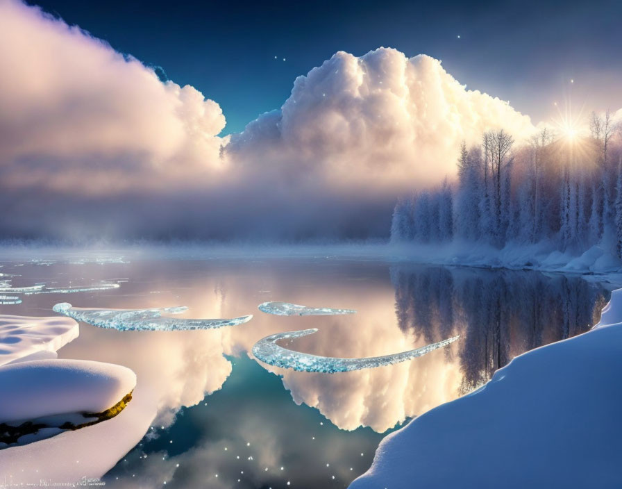 Serene winter landscape with sun over snowy lake