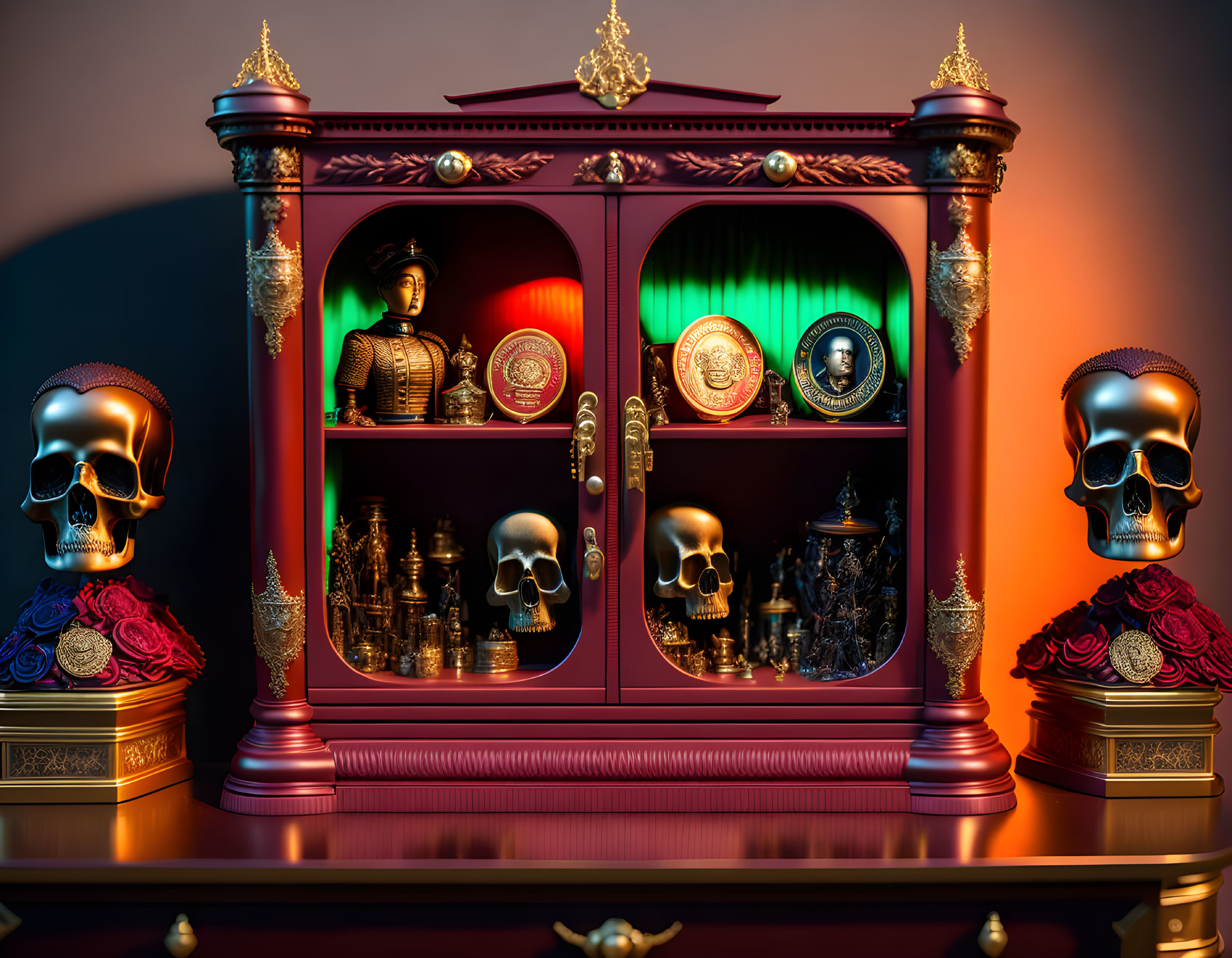 Gothic-style cabinet with armored bust, skulls, roses, and chess pieces