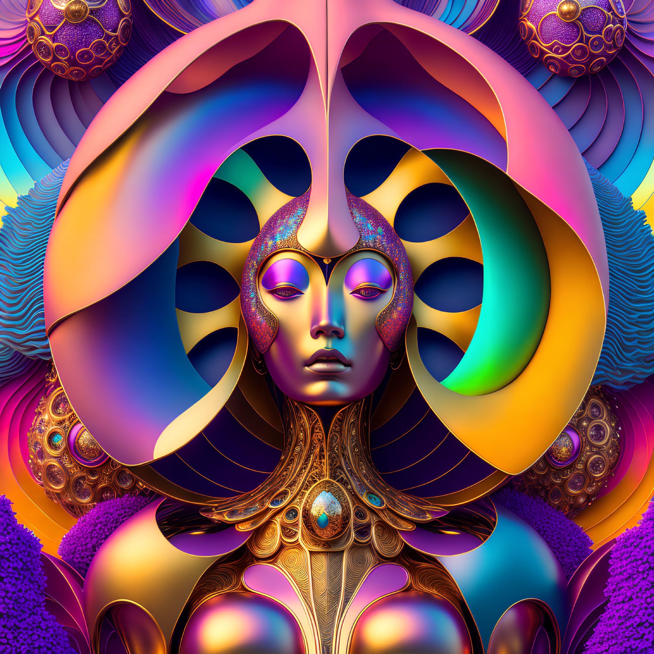 Colorful digital artwork of surreal metallic female figure with fractal patterns in purple, gold, and blue