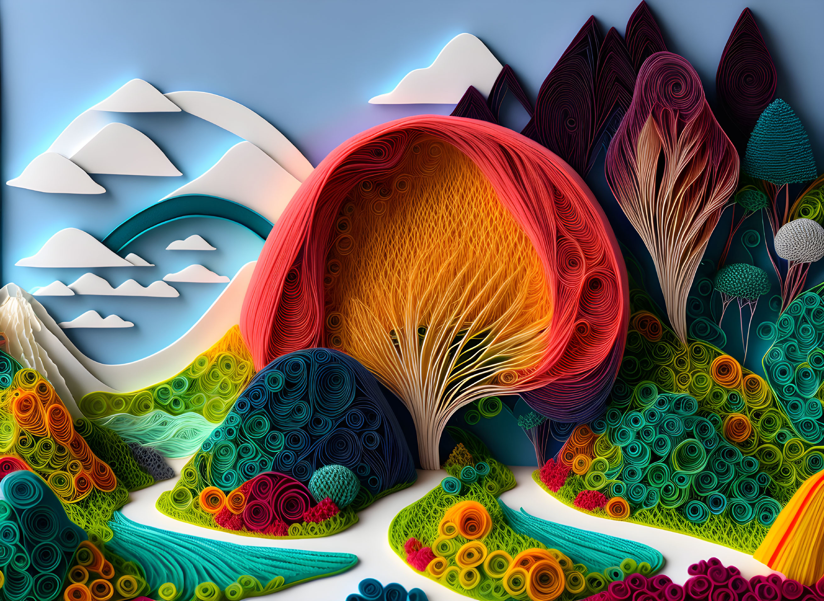 Vibrant paper art landscape with mountains, trees, and rivers