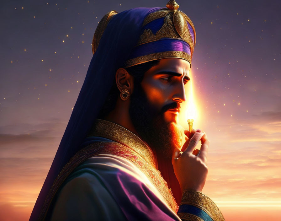 Majestic king with beard in royal attire holding flame against twilight sky