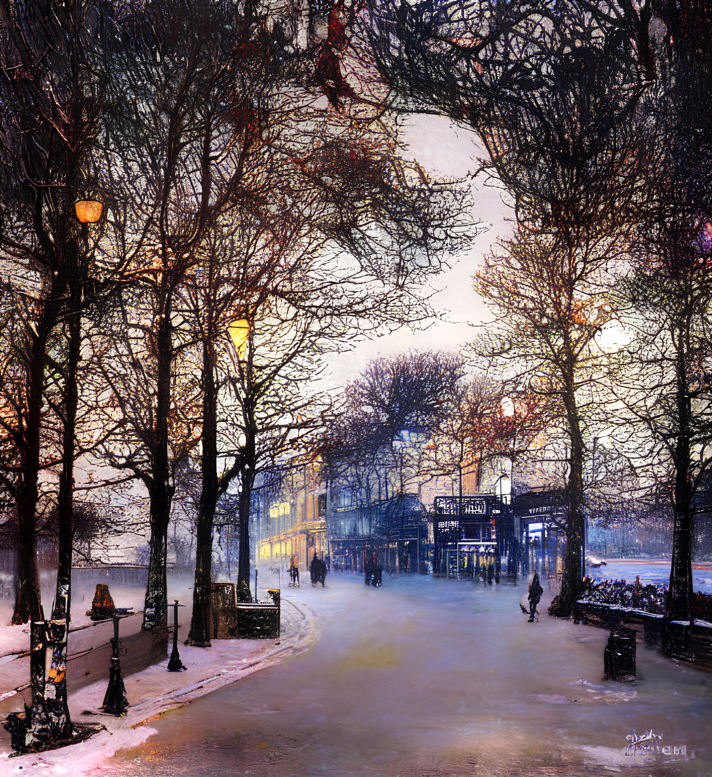 Snowy urban park scene with glowing street lamps and bare trees.