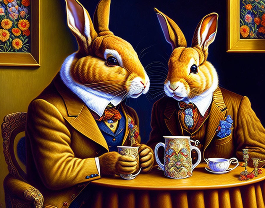 Anthropomorphic rabbits in elegant suits having tea in richly decorated setting