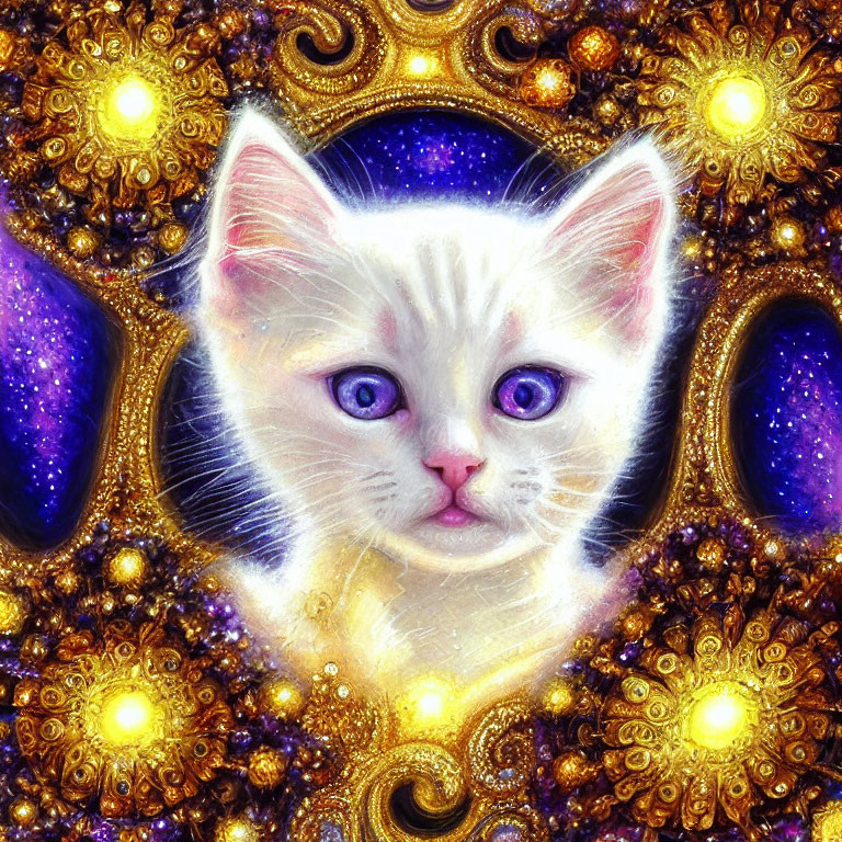 White Cat with Blue Eyes Surrounded by Golden and Purple Fractal Patterns