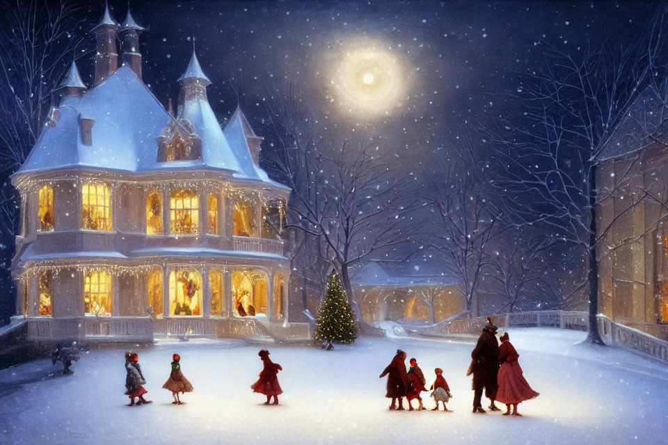 Victorian-style house at night with snow, ice-skating people, and dog walking