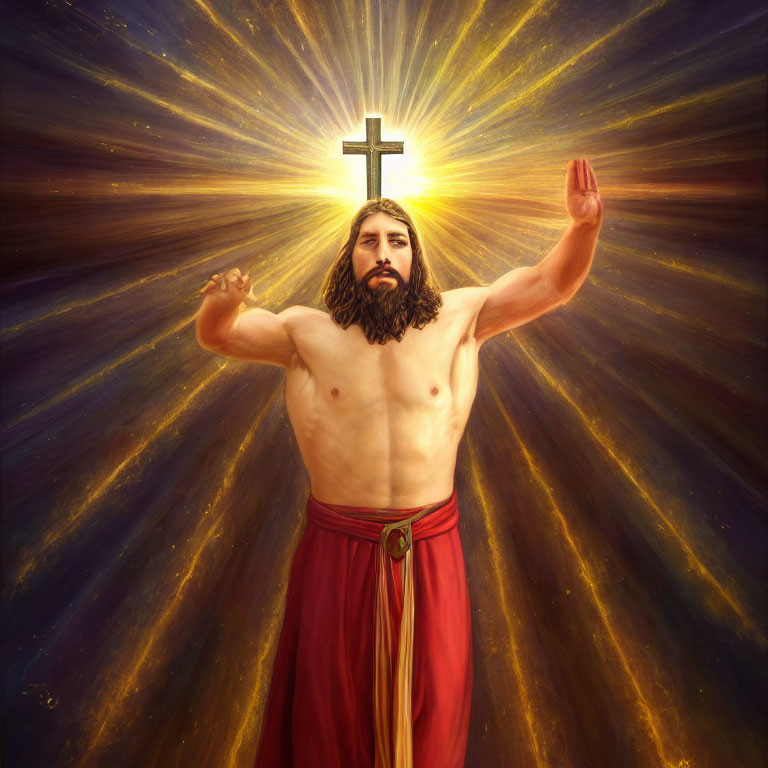 Bearded man with long hair in red cloth, arms raised, radiant cross above.