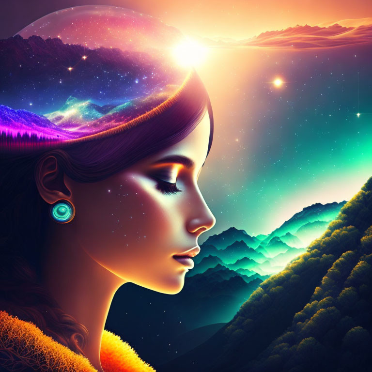 Colorful Woman's Profile in Cosmic Landscape at Sunrise