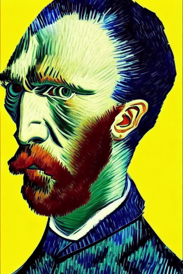 Colorful Portrait of Bearded Man with Intense Eyes on Vibrant Yellow Background