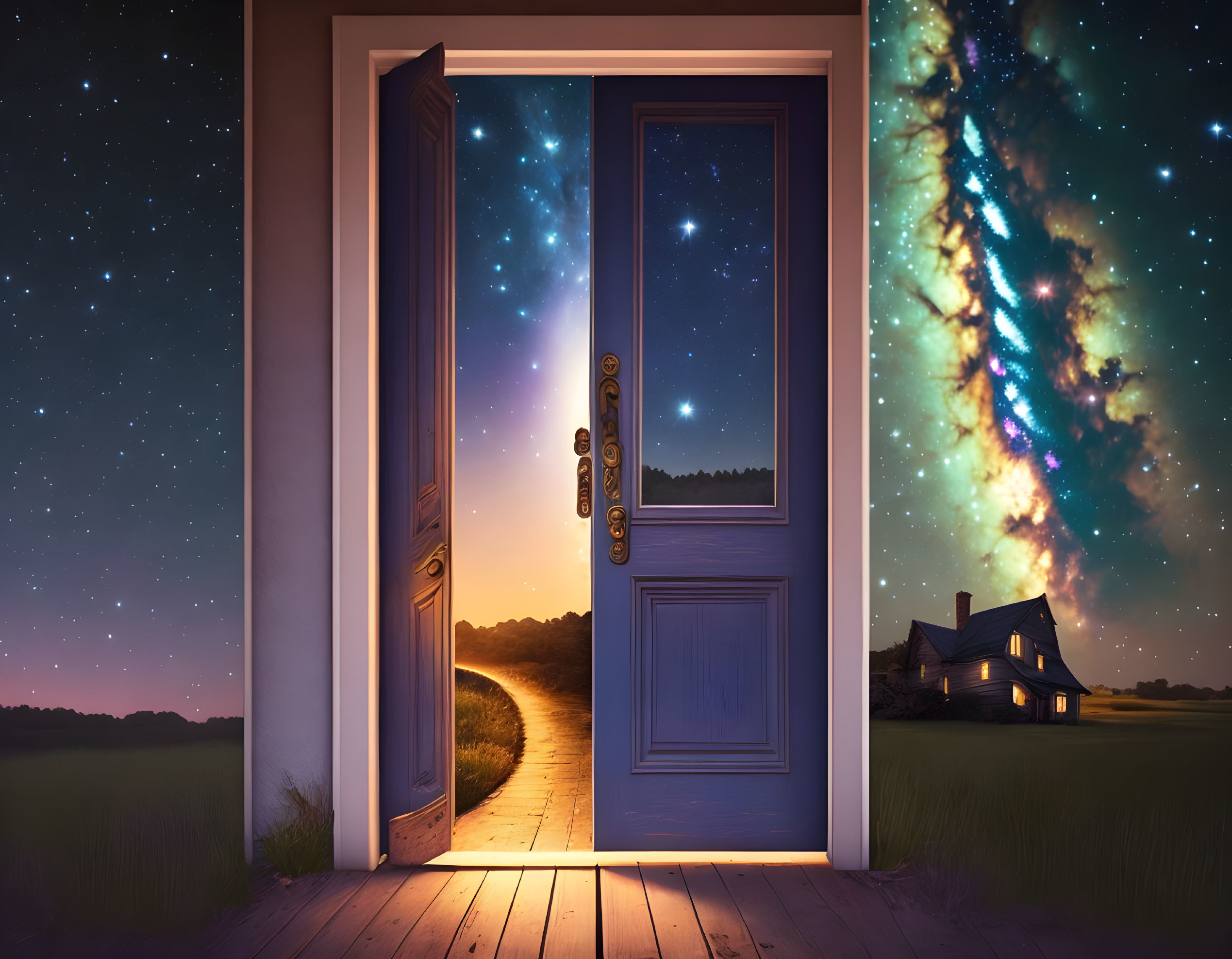 Surreal image: open door from twilight rural scene to starry galaxy