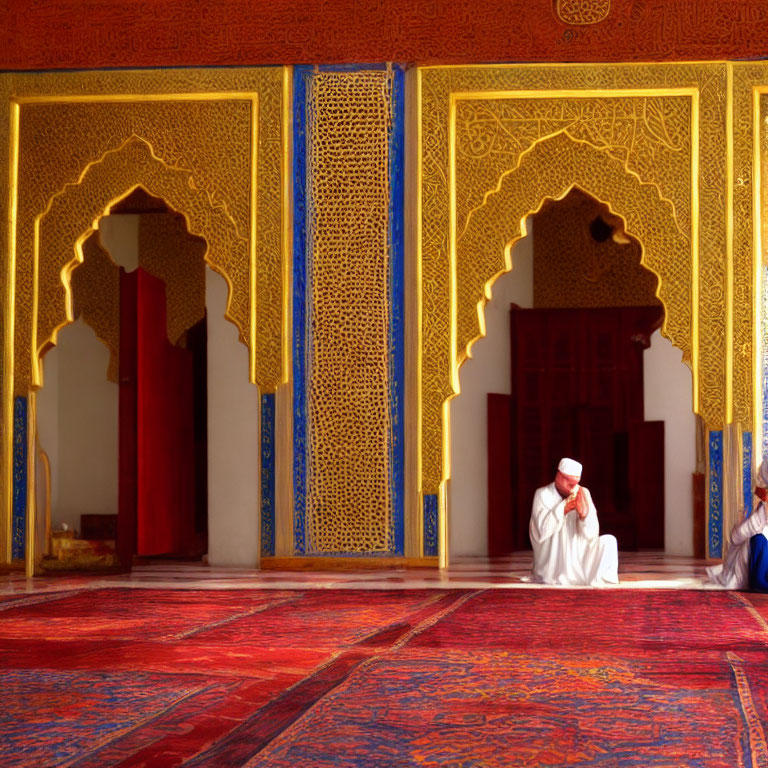 Traditional Attired Man on Patterned Carpet in Ornate Room