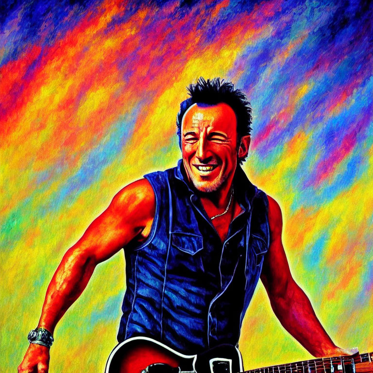 Colorful abstract painting of a smiling man with a guitar