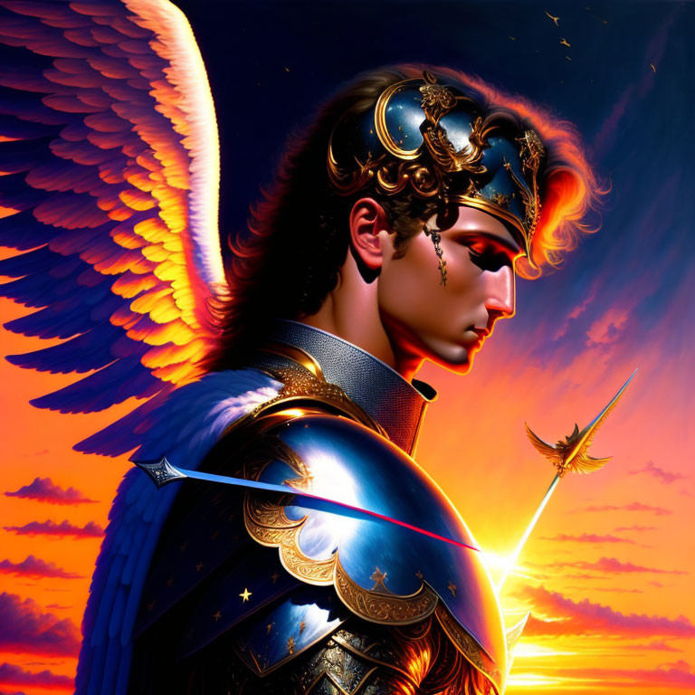 Angel warrior with ornate armor and wings in sunset sky