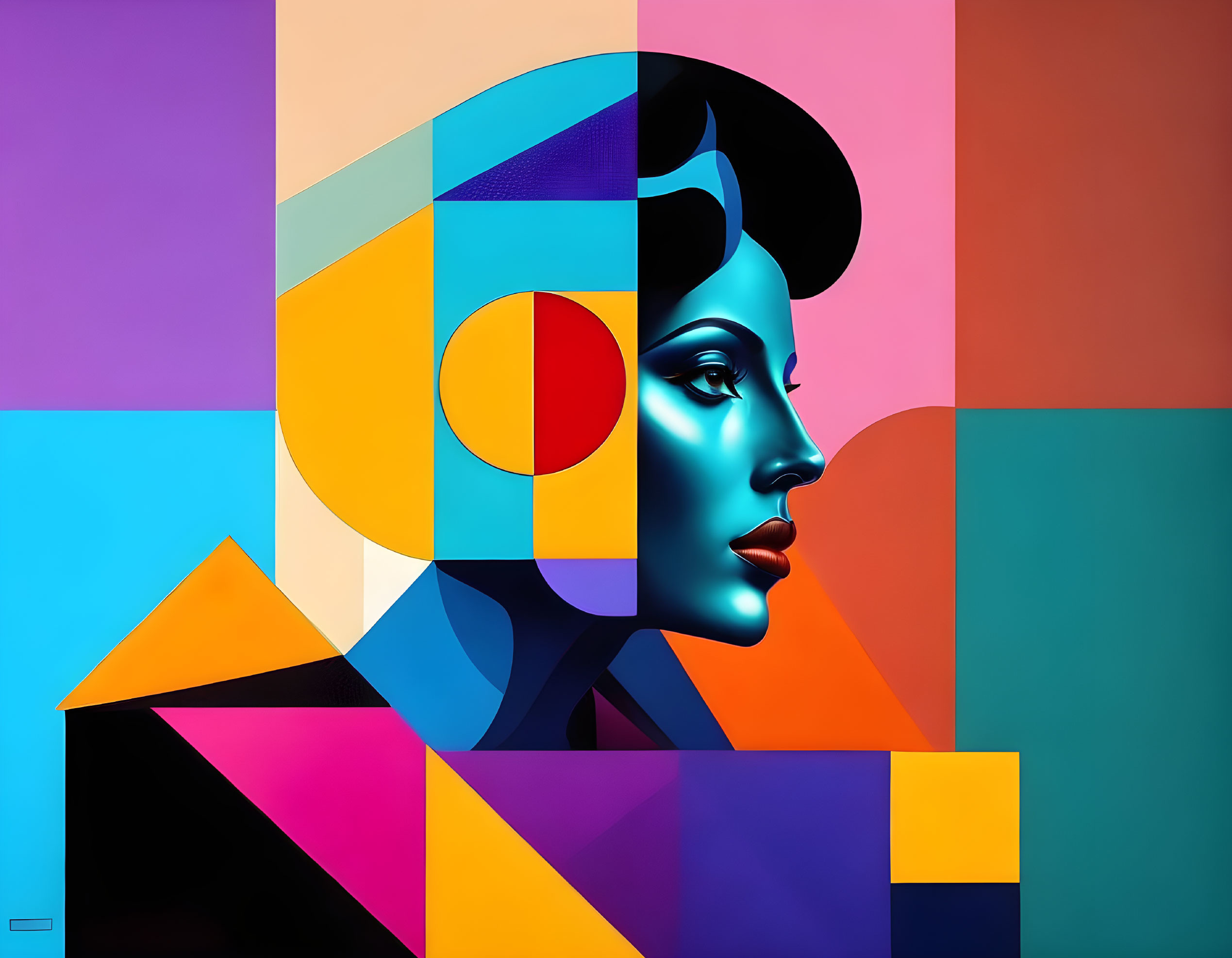 Vibrant geometric portrait of a woman with colorful blocks and shapes