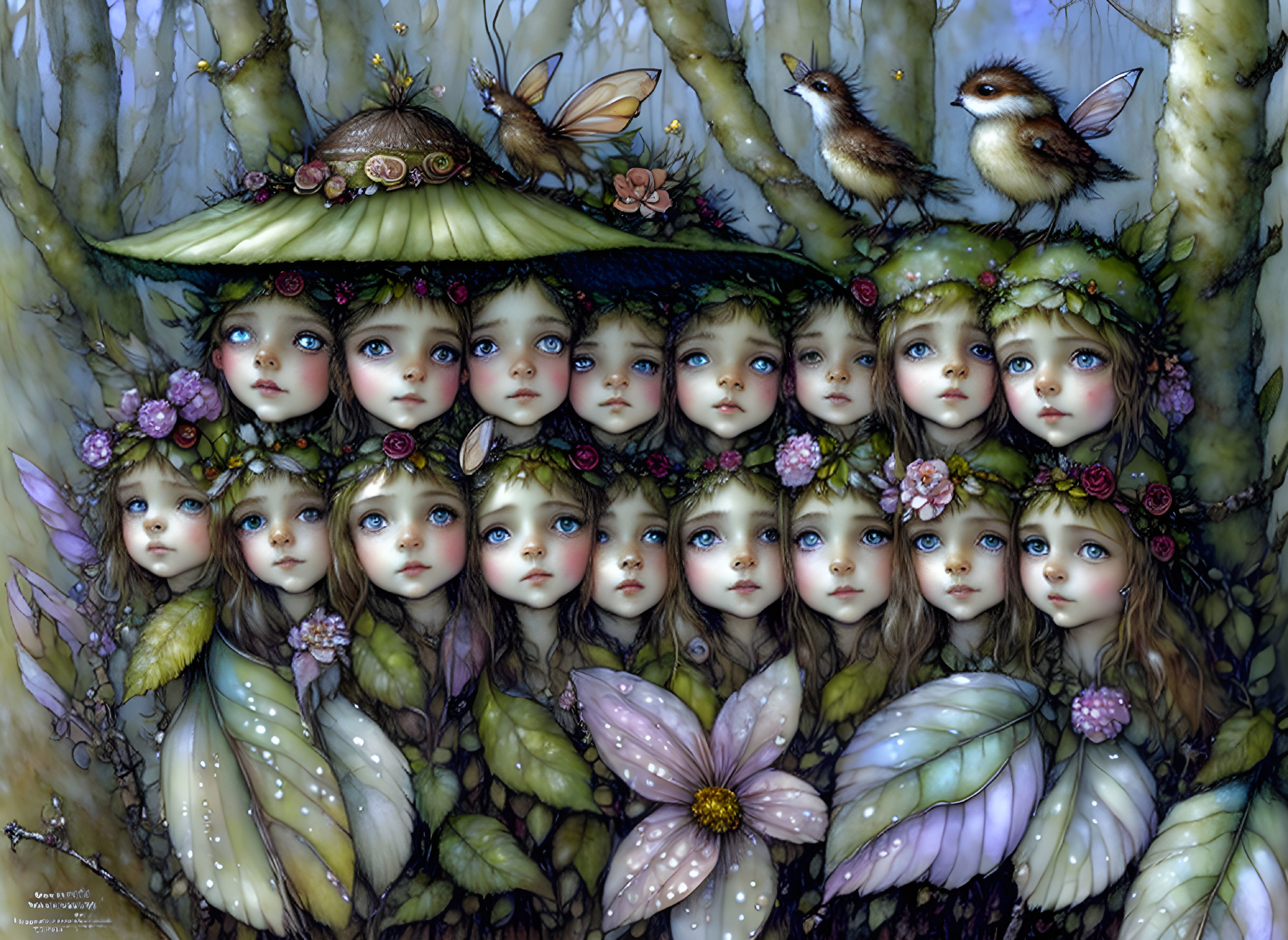 Fantasy illustration of ethereal faces in woodland with birds and flowers