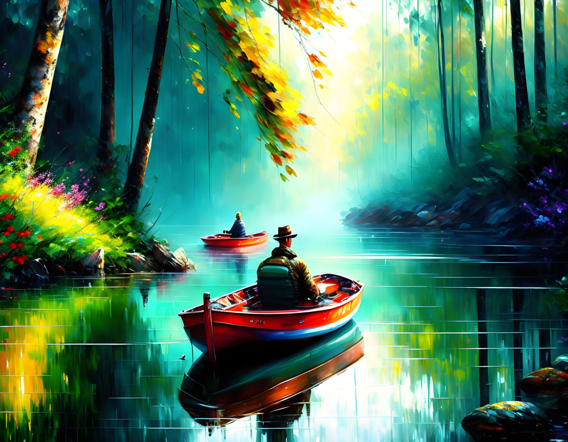 Scenic digital painting of a river in a forest with boats