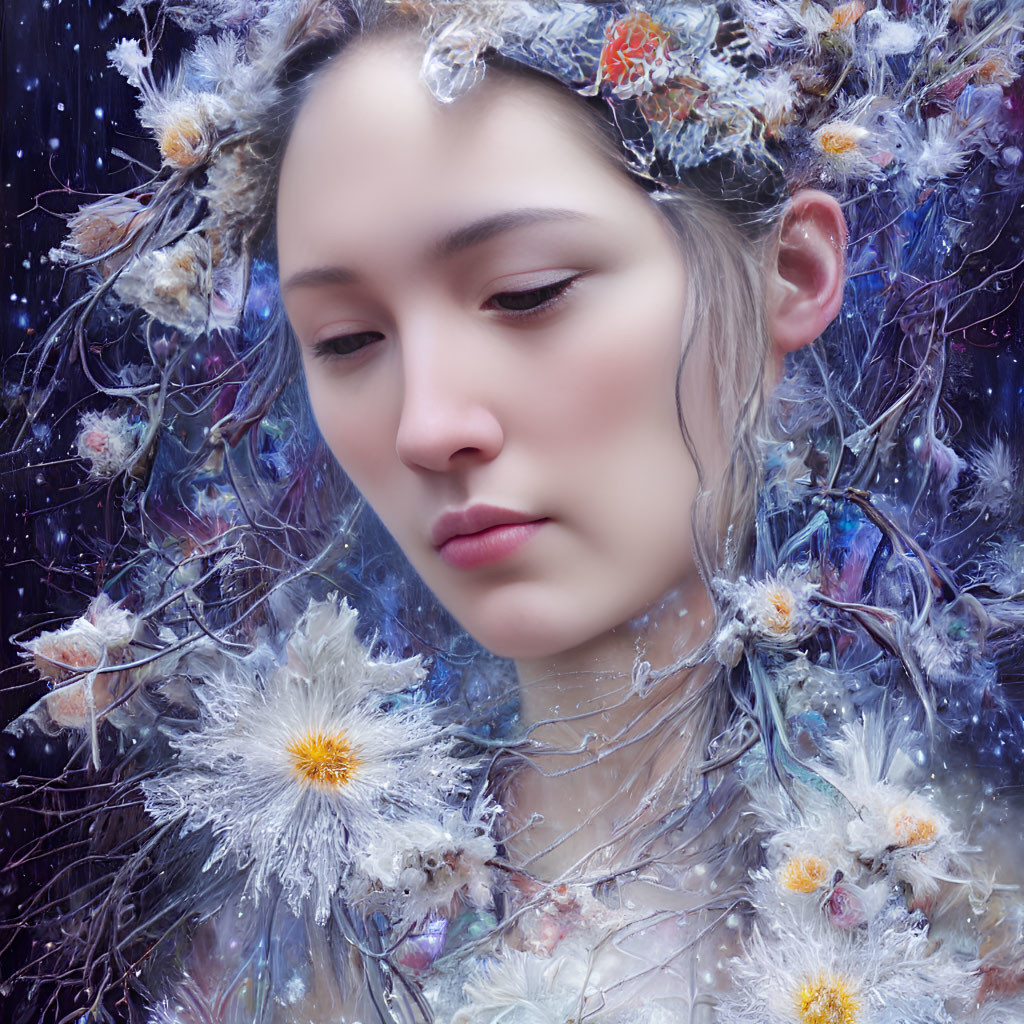 Woman with flower and ice headdress in starry setting