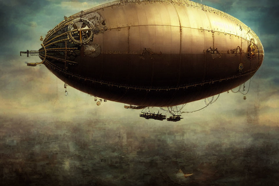 Steampunk-style airship over misty cityscape