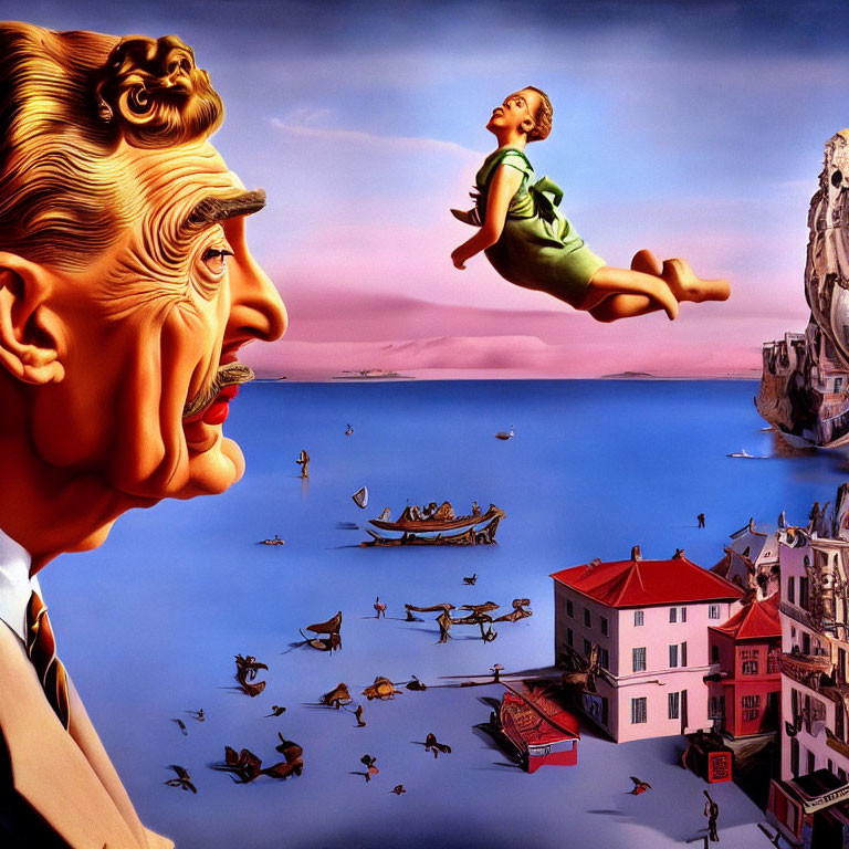 Surreal artwork: man's face with landscape on head, girl floating towards extended tongue.