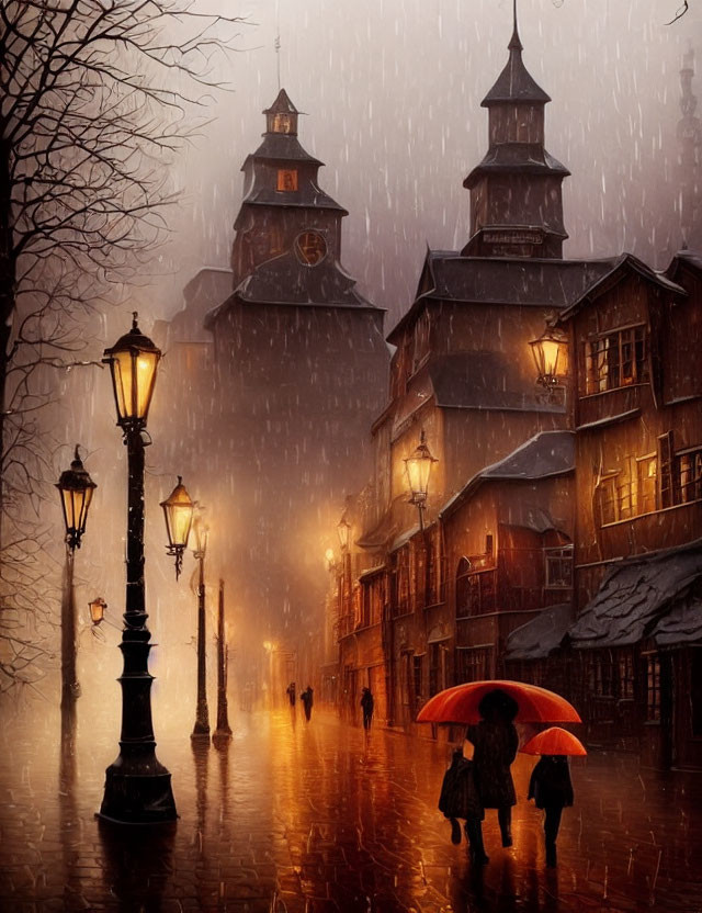 Couple walking down vintage lamp-lit street in the rain