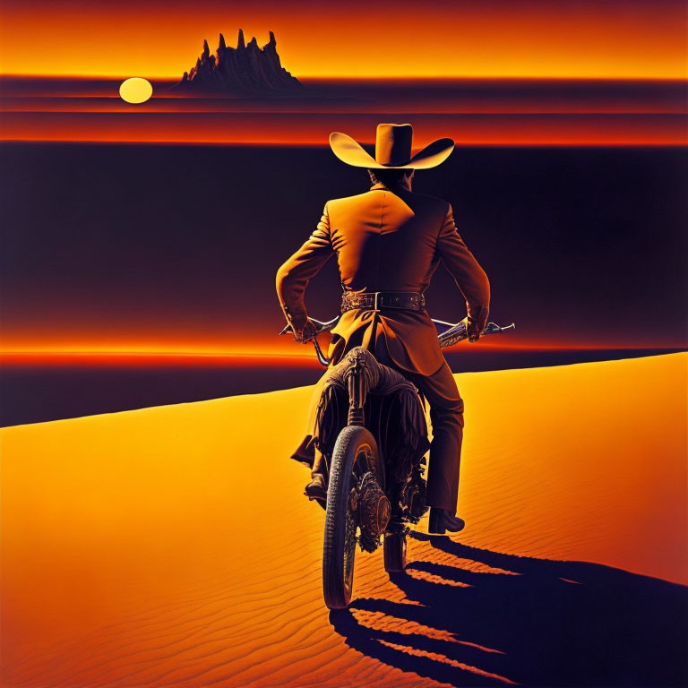 Cowboy on Motorcycle in Desert Landscape with Orange Hues