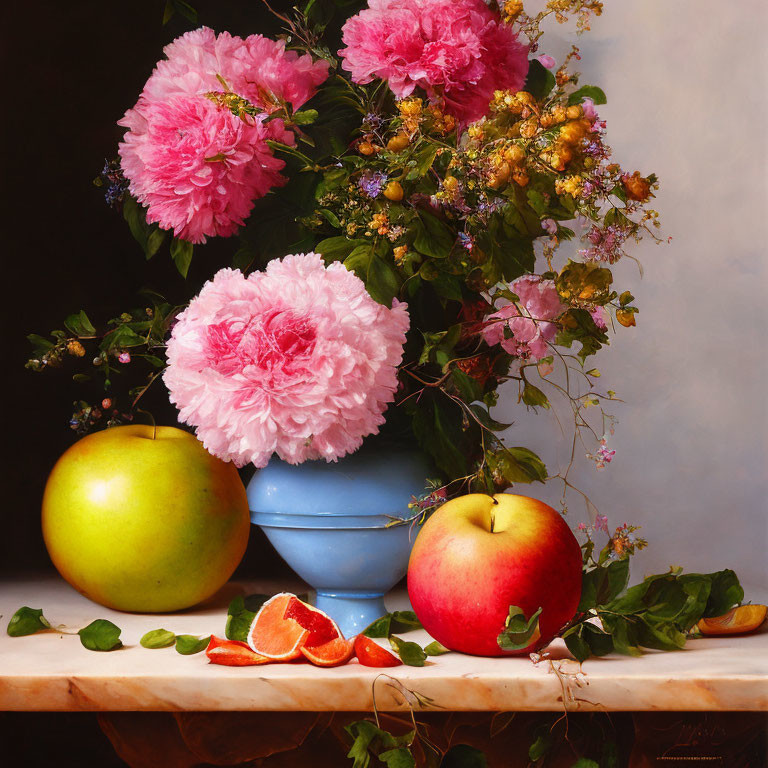 Bright Pink Peonies in Blue Vase with Fruits on Table