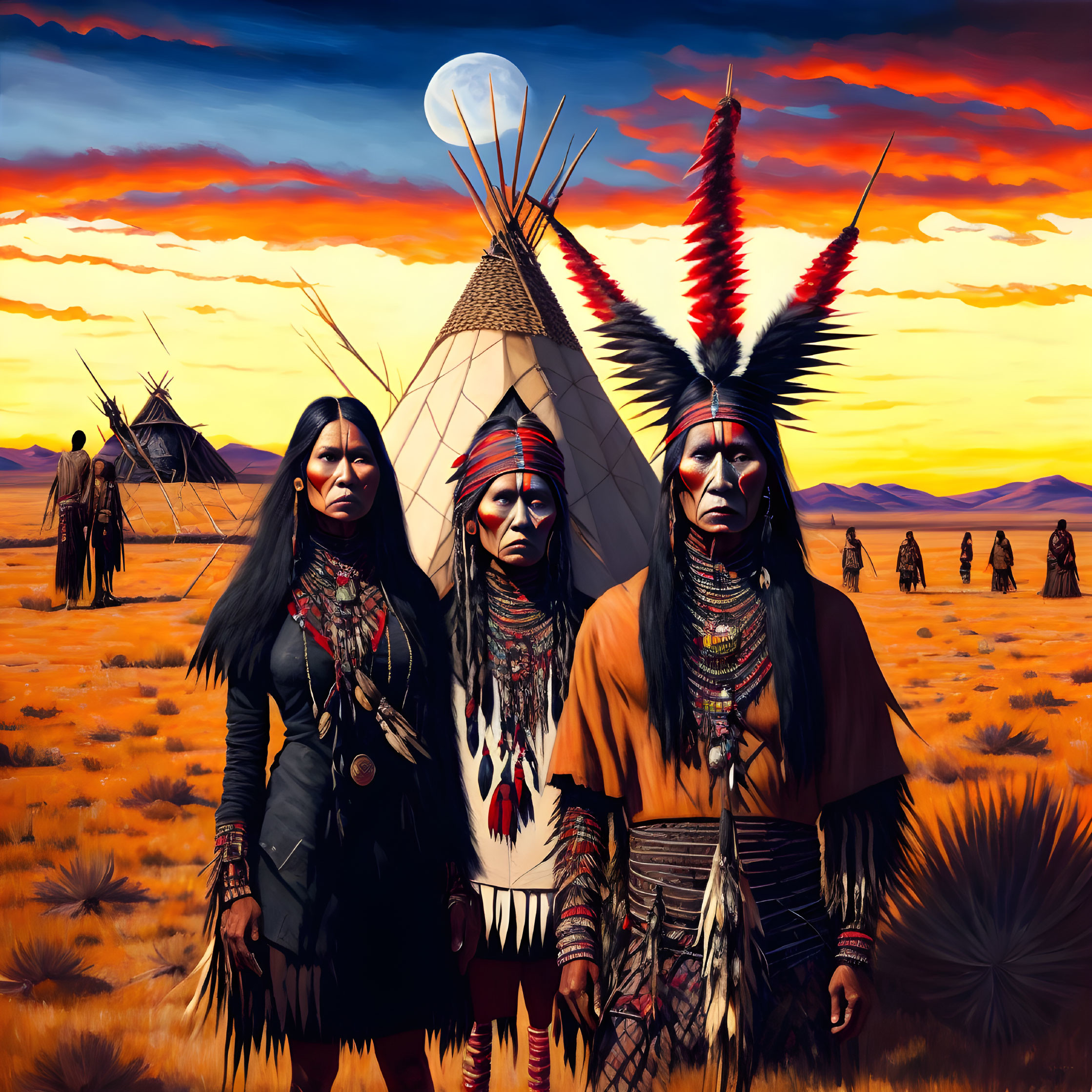 Native American individuals in traditional attire at sunset with tepees and crescent moon