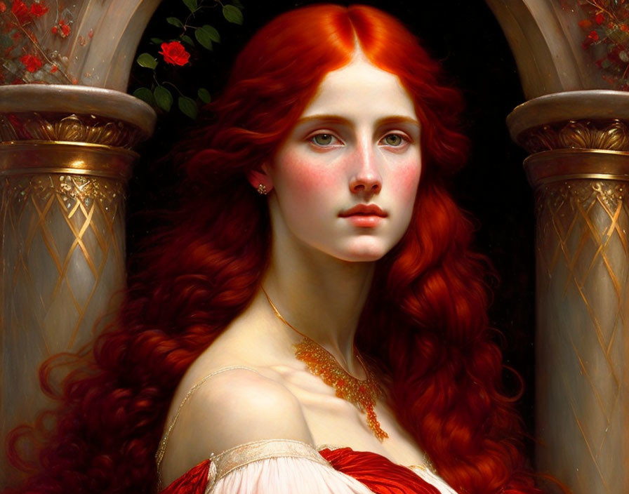 Detailed painting of woman with red hair, pale skin, red roses, and golden pillars