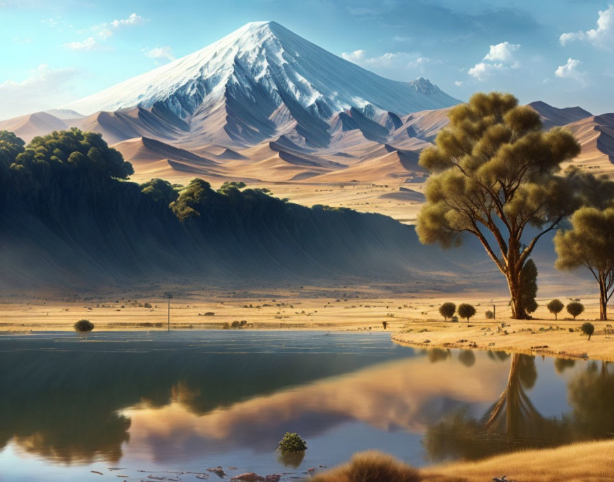 Snow-Capped Mountain, Sand Dunes, Lake, and Trees in Serene Landscape