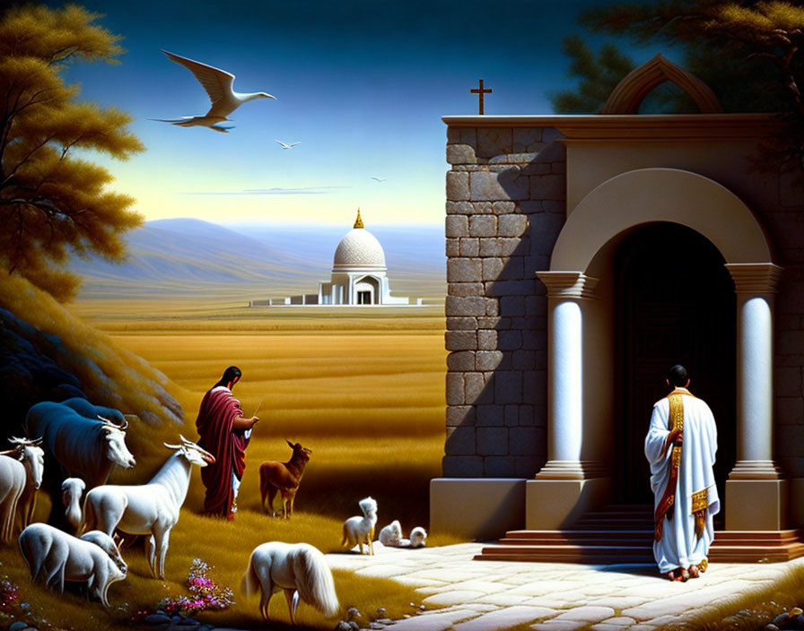 Surreal painting: Priest, animals, man with turban, Taj Mahal-like structure,