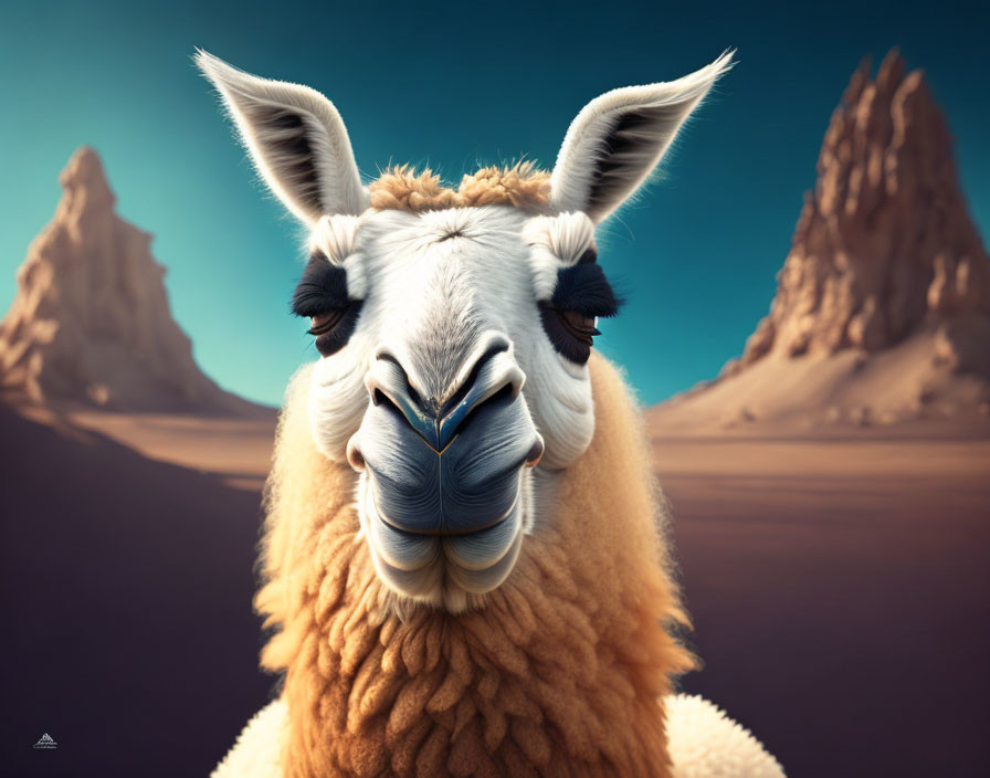 Llama portrait in serene desert setting