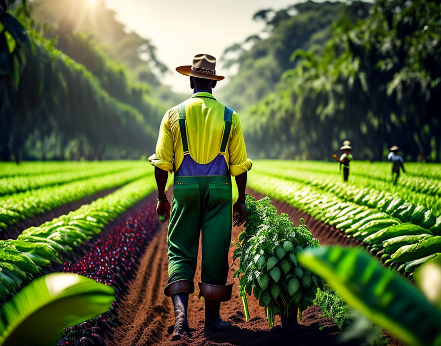 Farmer in overalls walking through lush crop field with workers and sunlight.