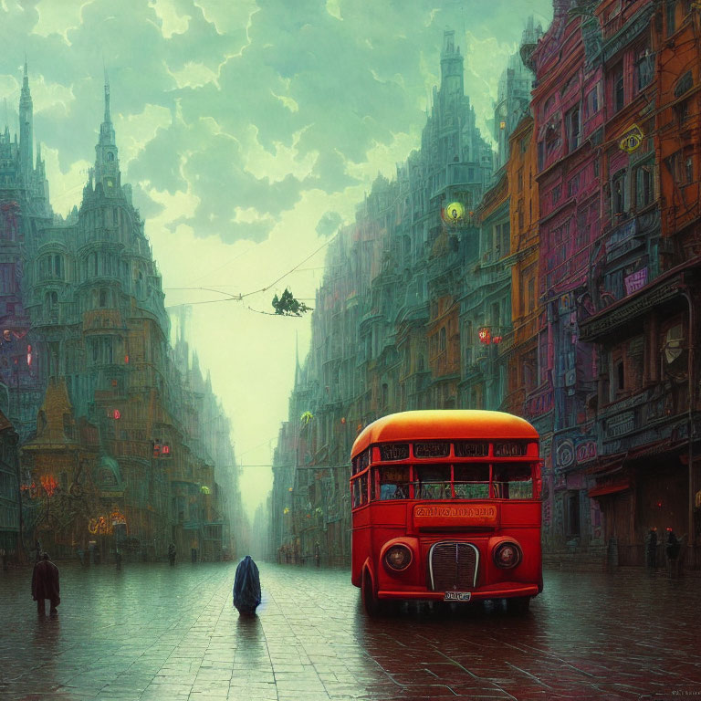 Futuristic cityscape in the rain with towering buildings, flying car, and red bus.