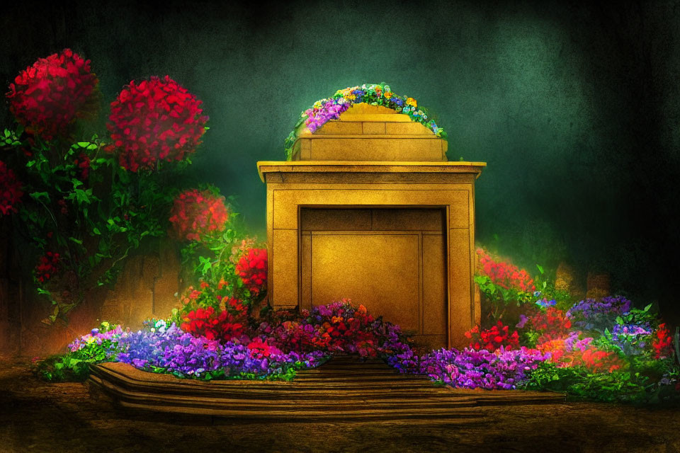 Stone archway with vibrant flowers against dark green backdrop