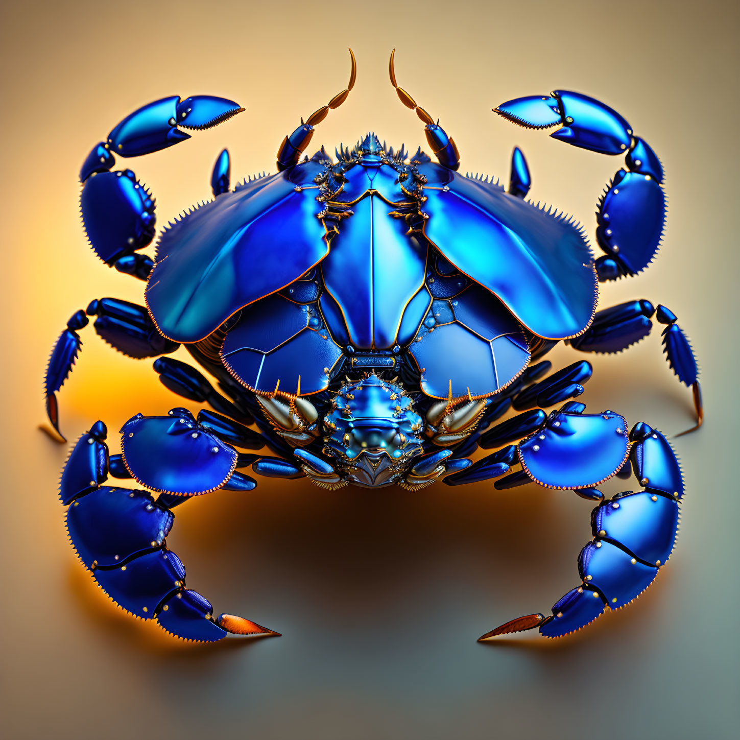 Symmetrical blue crab digital art on warm gradient background