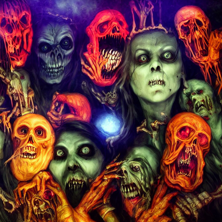 Collection of grotesque undead faces with glowing eyes on purplish-black background