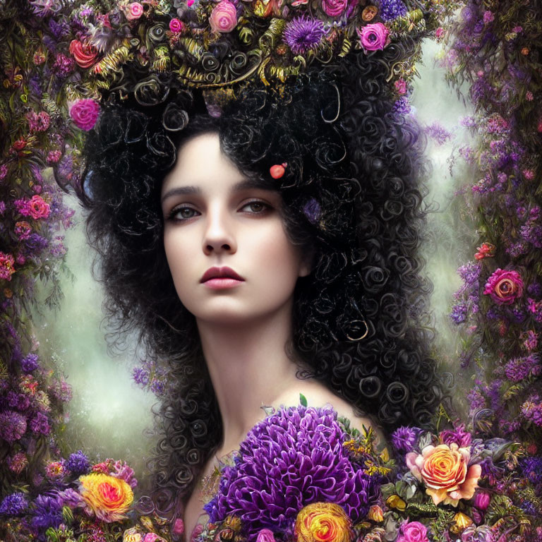 Curly Haired Woman with Flowers Holding Purple Flower in Floral Setting