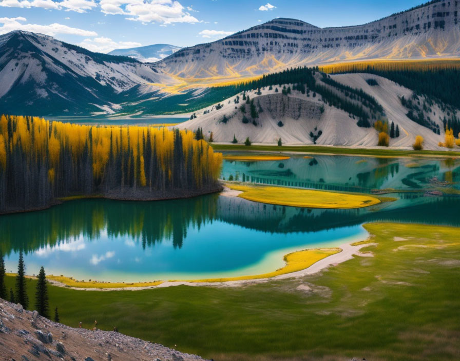 Vivid Blue Lake, Sandbars, Golden Trees, Snowy Mountains