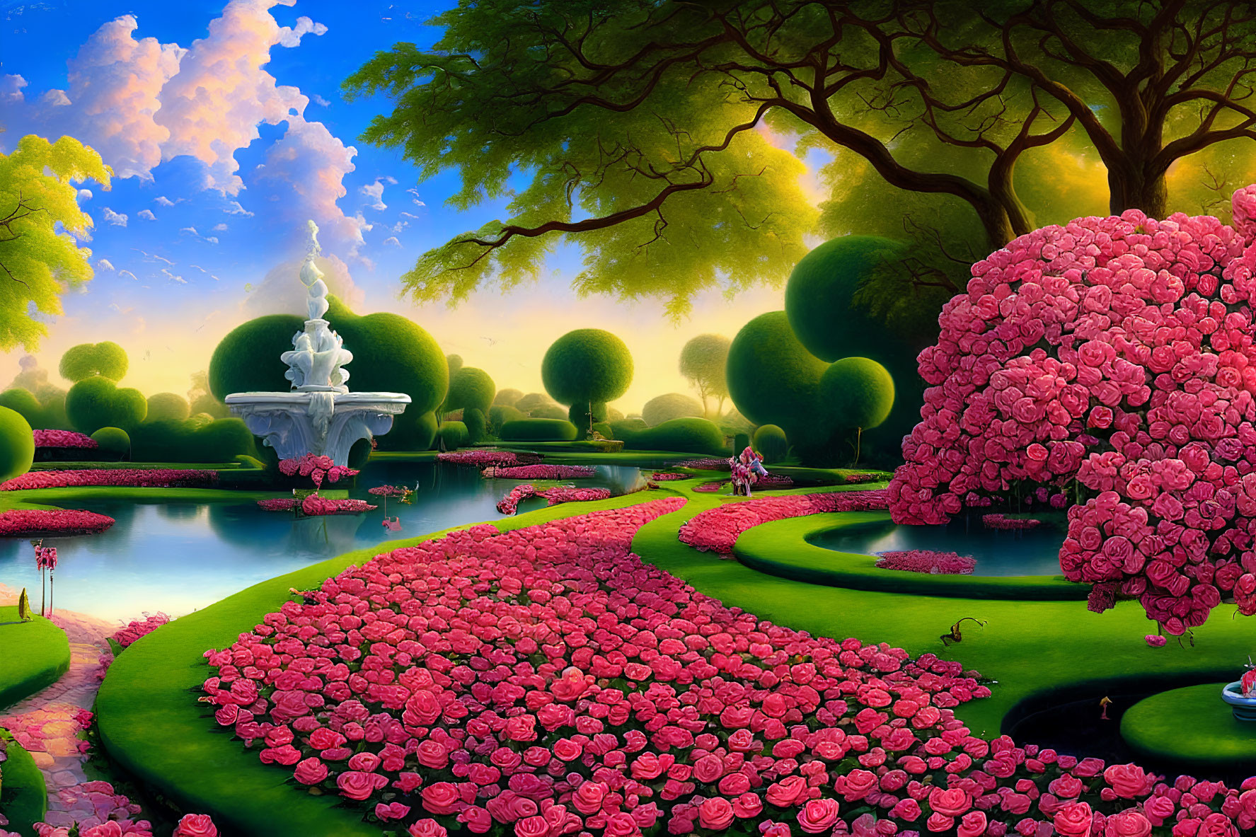 Lush fantasy garden with pink floral bushes, fountain, and serene pond