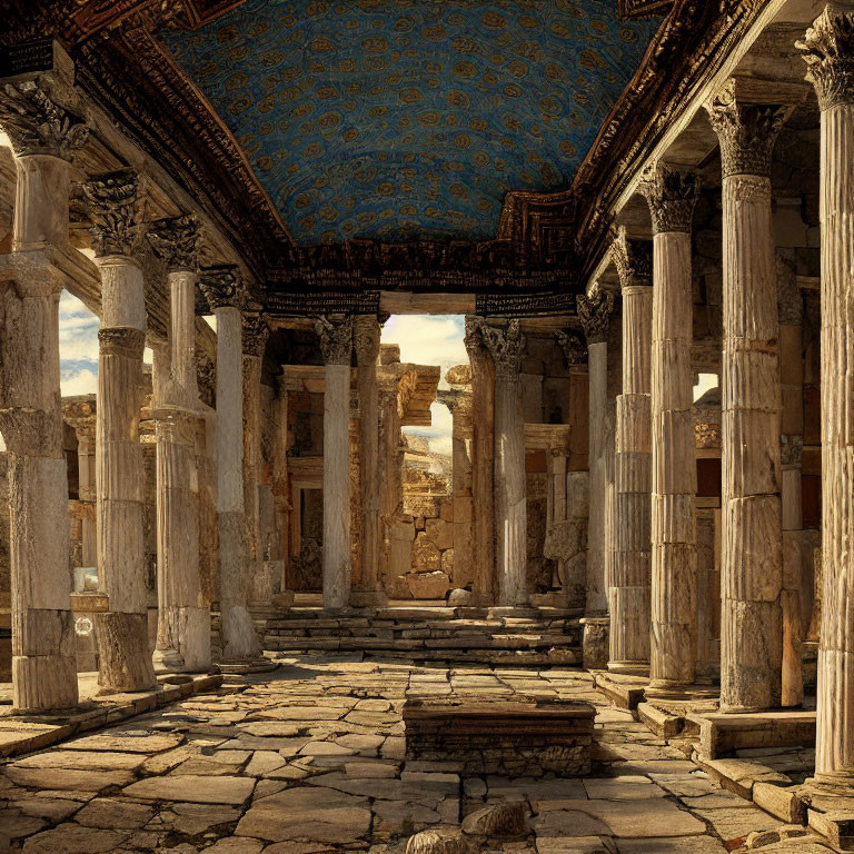 Ancient ruins with Corinthian columns and stone carvings under blue sky