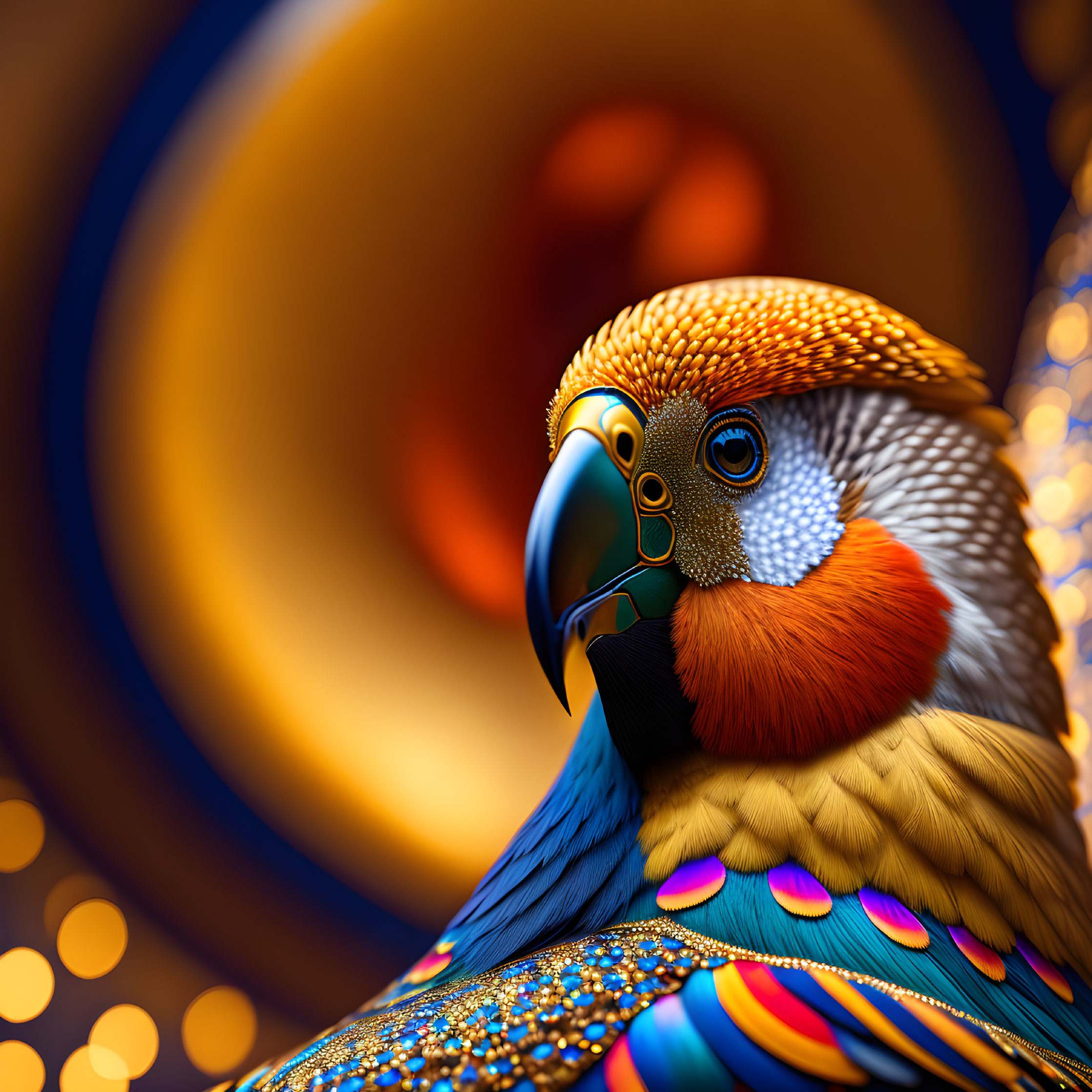 Colorful Parrot Close-Up with Blue and Orange Feathers on Golden Bokeh Background