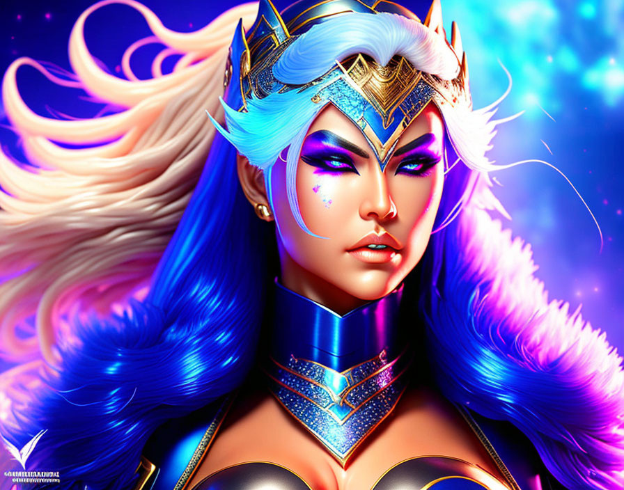 Fantasy female character with blue and white hair and golden headgear in vibrant armor