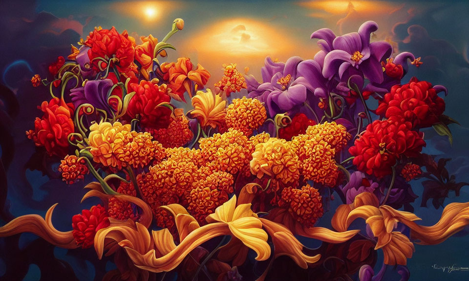 Colorful Flower Painting with Twisting Stems Against Sunset Sky