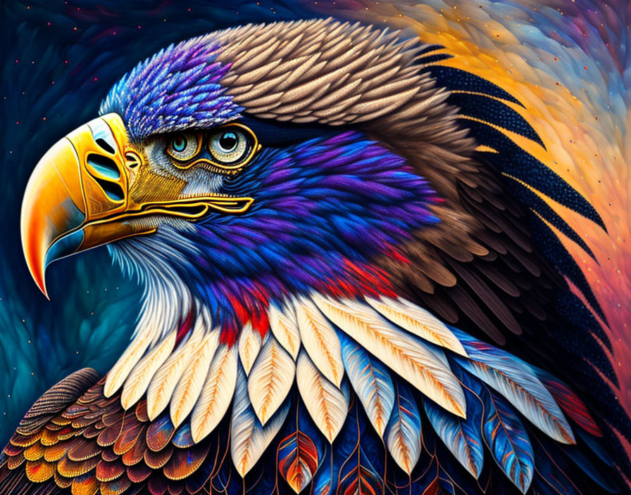 Vibrant blue feathered eagle painting on cosmic background