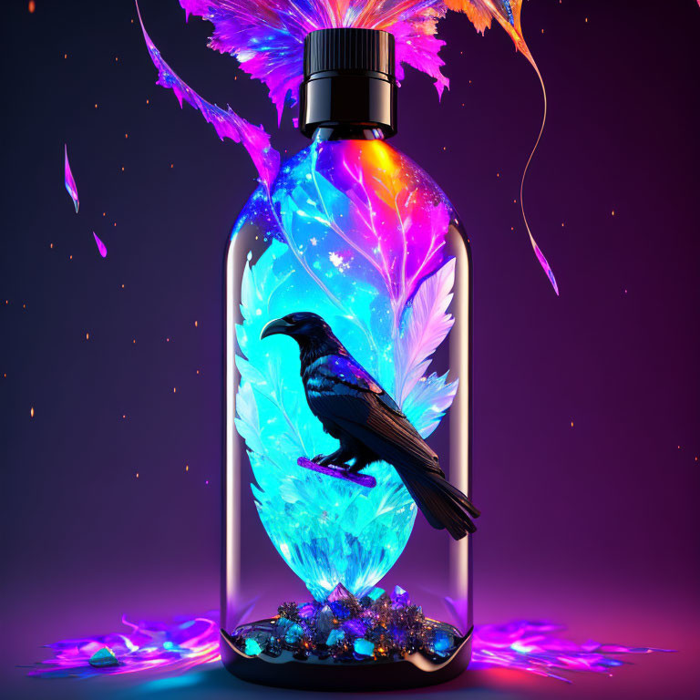 Colorful crow in bottle with glowing feathers on purple backdrop