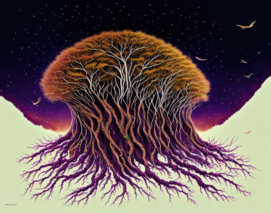 Surreal illustration of wide canopy tree against star-filled sky