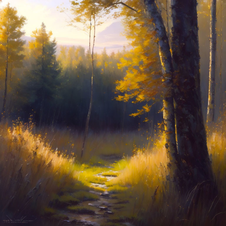 Tranquil forest path with autumn sunlight and tall grasses