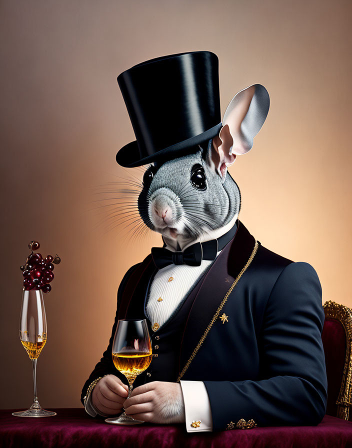 Anthropomorphic rabbit in formal attire with wine glass sitting elegantly