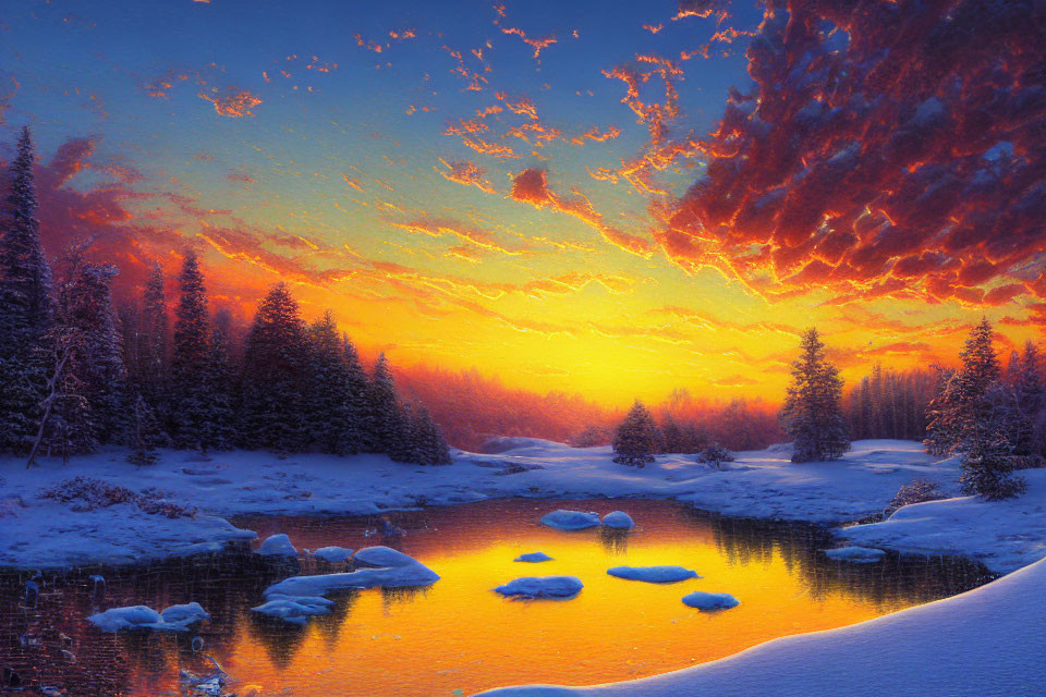 Winter sunset reflected in calm river surrounded by snow-covered landscape